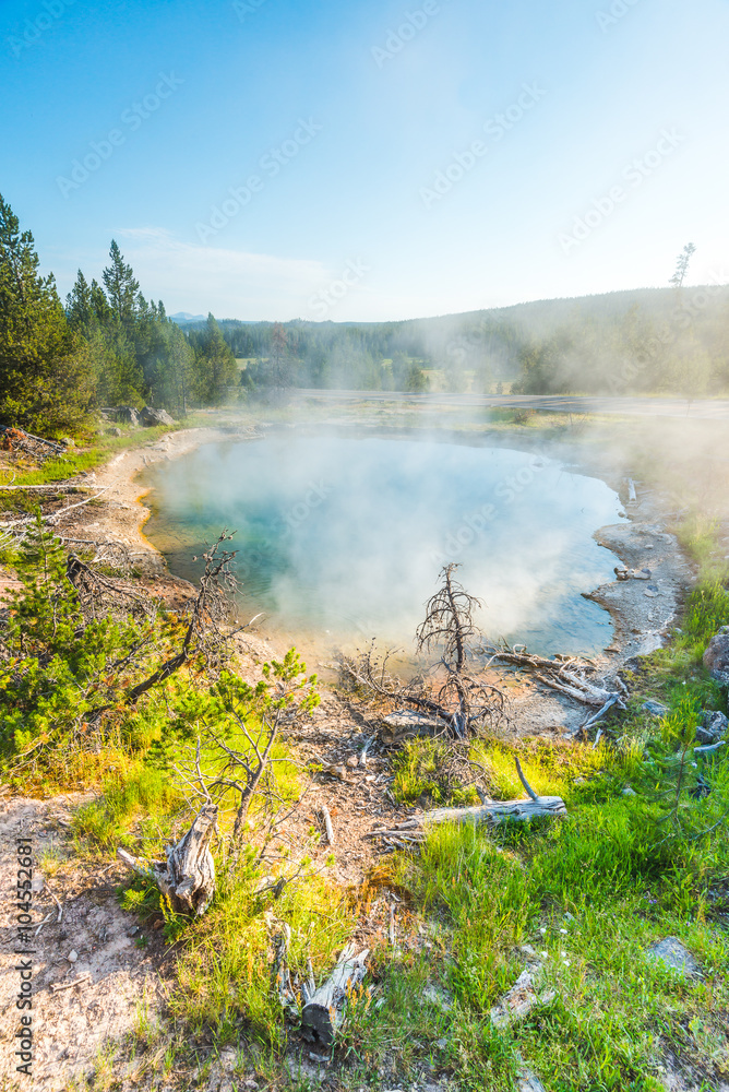 people watching geyser,scenic view of colorful Geysers in the Yellowstone National park,Wyoming.usa. people watching geyser,scenic view of colorful Geysers in the Yellowstone National park,Wyoming.usa.