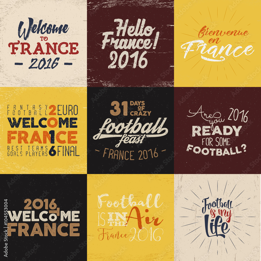 France europe Football typography labels, 2016 Soccer overlays, tournament logo. Championship, league Hand lettering retro design for presentations, brochures, sports equipment, web, print, identity