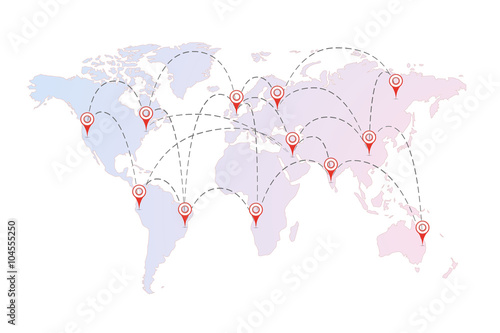 Air routes between cities with red pins on the world map