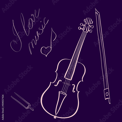 Vector illustration hand drawn violin with bow and tuning fork and handwritten title I love music with music note looking like heart