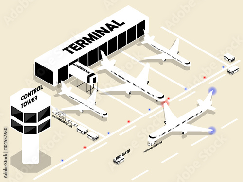 beautiful isometric style of airport with air plans, terminal, aerobridge, control tower and airport transport. Isometric airport building. Airport building with runway. Public transport.