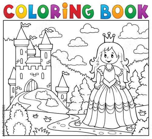 Coloring book princess near castle