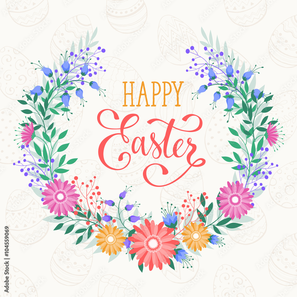 Obraz premium Easter wreath with easter eggs hand drawn black on white background. Decorative doodle frame from Easter eggs and floral elements. Easter eggs with ornaments in circle shape. Easter greeting card.