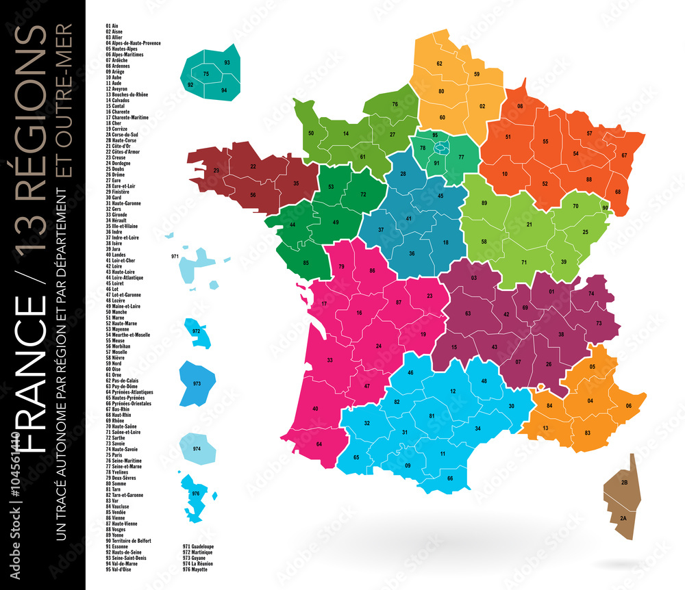 Poster Carte De France 13 R gions D partements Avec Num ros Et Poster Carte De France 13 R gions D partements Avec Num ros Et