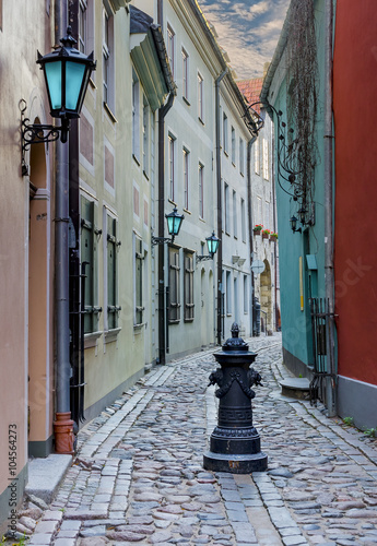 Narrow medieval street in the old Riga city  Latvia.     In 2014  Riga was the European capital of culture 