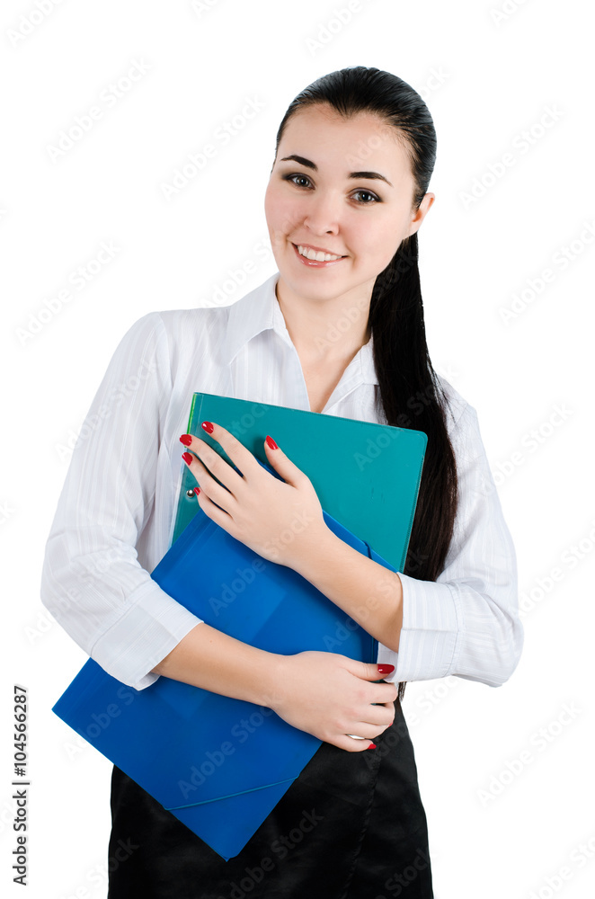 Happy and smiling business woman with folders in her hands. White background. Studio shot Happy and smiling business woman with folders in her hands. White background. Studio shot