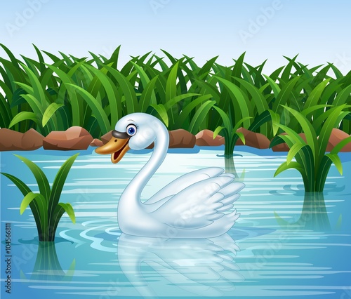 Cartoon beauty swan floats on river