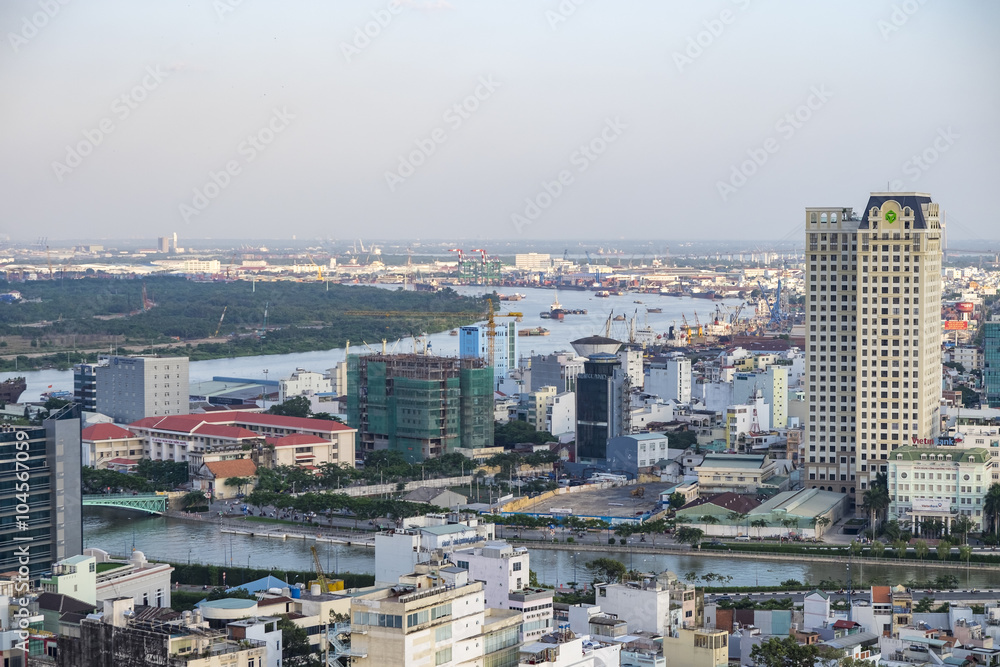 Aerial city view of houses and Business Center of Ho Chi Minh city on Sai Gon river. HoChiMinh city, Vietnam