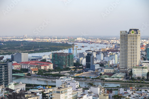 Aerial city view of houses and Business Center of Ho Chi Minh city on Sai Gon river. HoChiMinh city, Vietnam