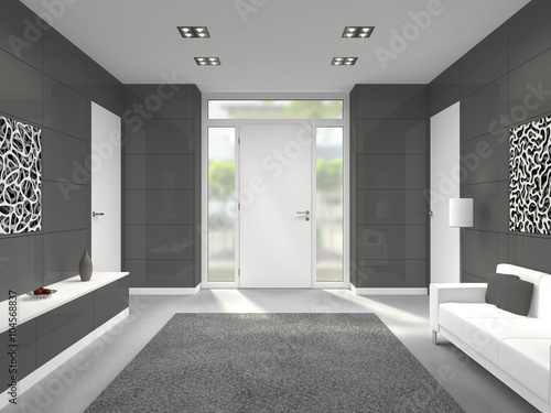 3D interior Rendering eines Hausflures mit Haustür von innen