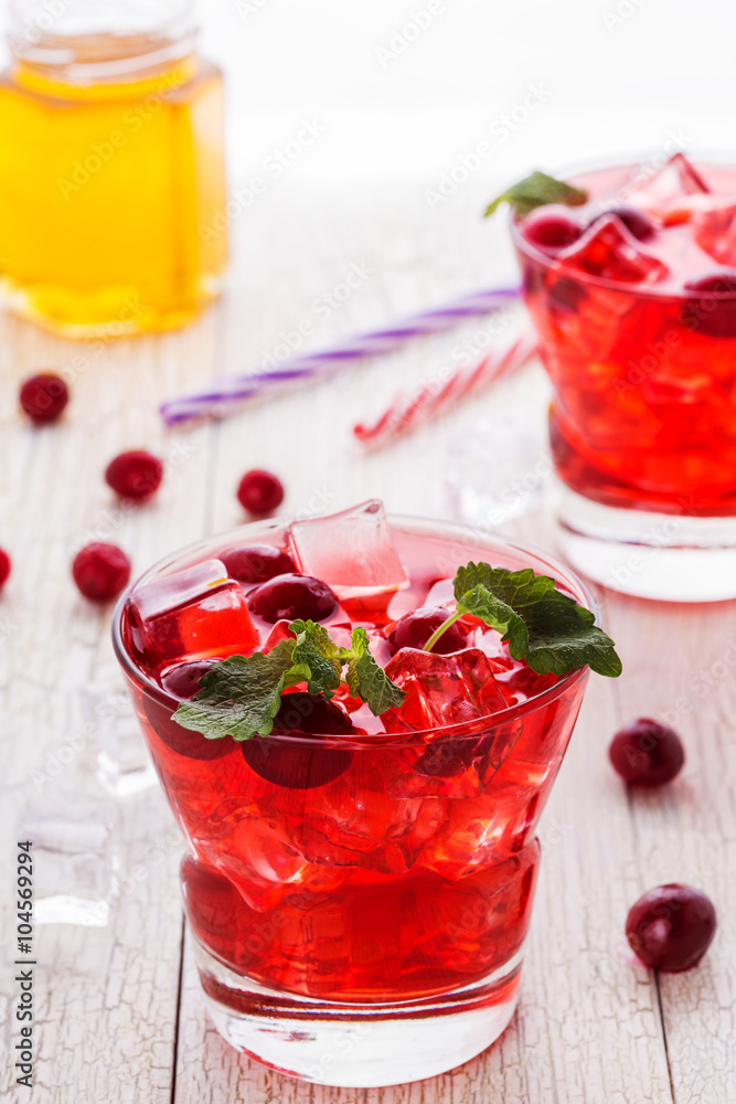 Cranberry cocktail with ice and mint. Cranberry cocktail with ice and mint.