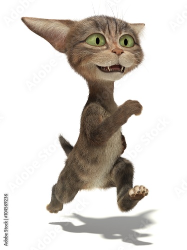 Fototapeta Naklejka Na Ścianę i Meble -  3D little fluffy tabby kitten runs like a man on white background