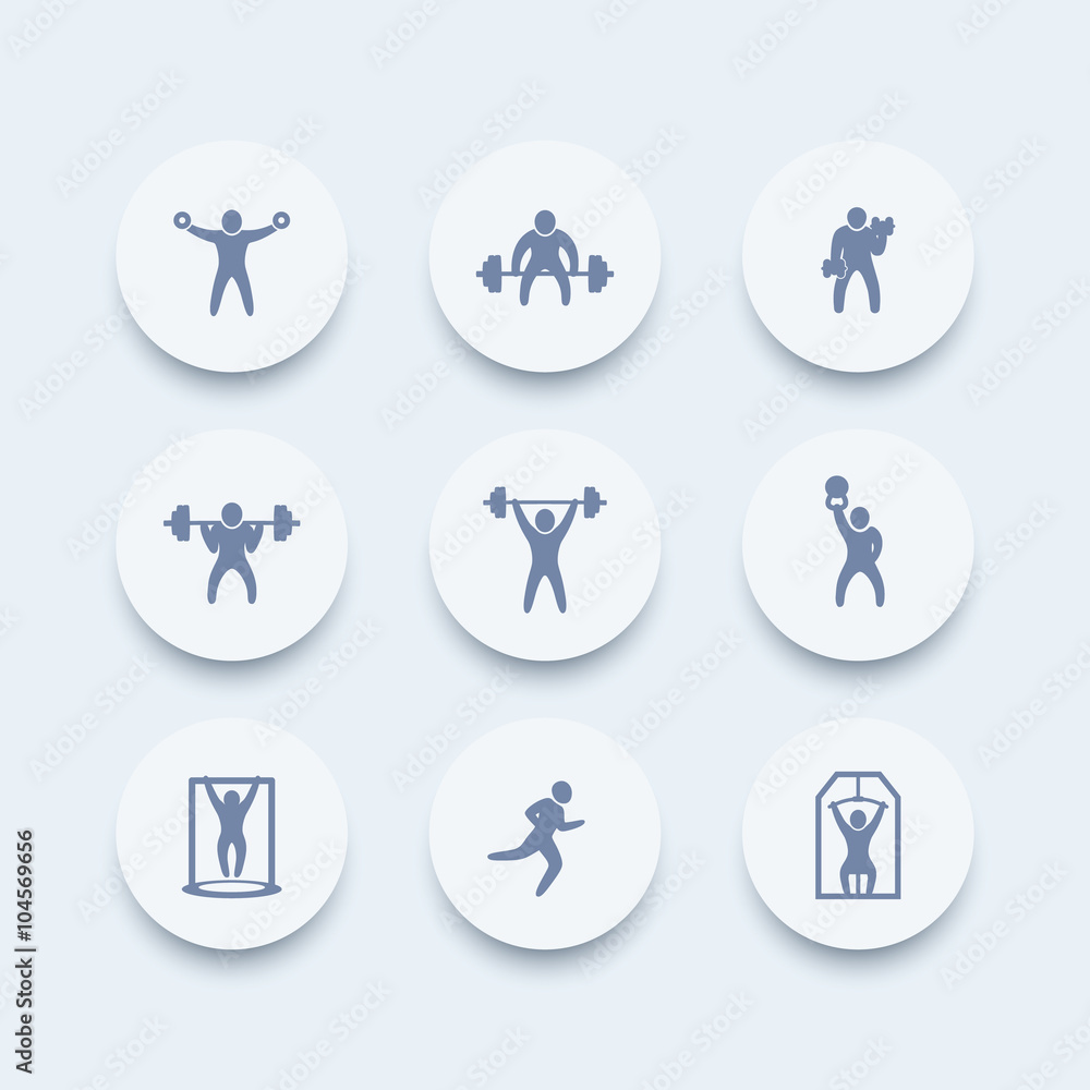 Gym, fitness exercises round icons, gym training, workout icon, fitness exercises pictograms, vector illustration Gym, fitness exercises round icons, gym training, workout icon, fitness exercises pictograms, vector illustration