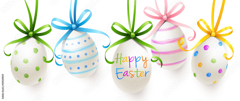 Fototapeta premium hanging easter eggs with bows - happy easter 