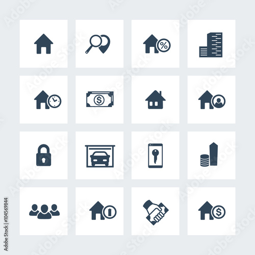 Real estate icons on squares, house sale, search, apartments, homes for rent, real estate pictograms, vector illustration