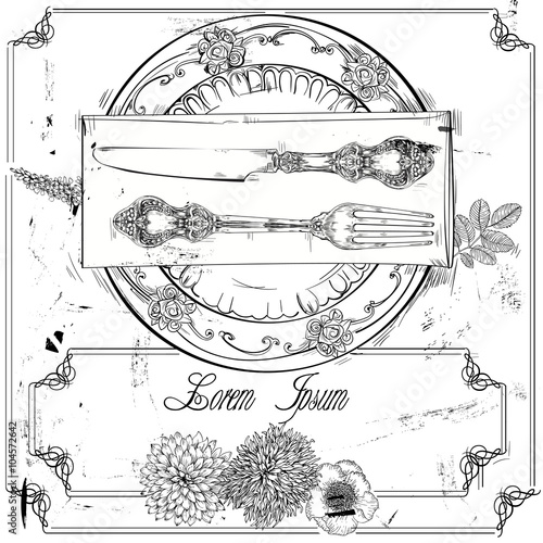 hand drawn fork, knife and plate