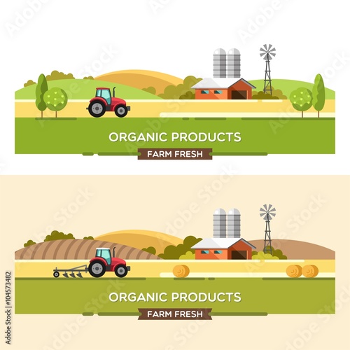 Organic products. Agriculture and Farming. Agribusiness. Rural landscape. Design elements for info graphic, websites and print media. Vector illustration.