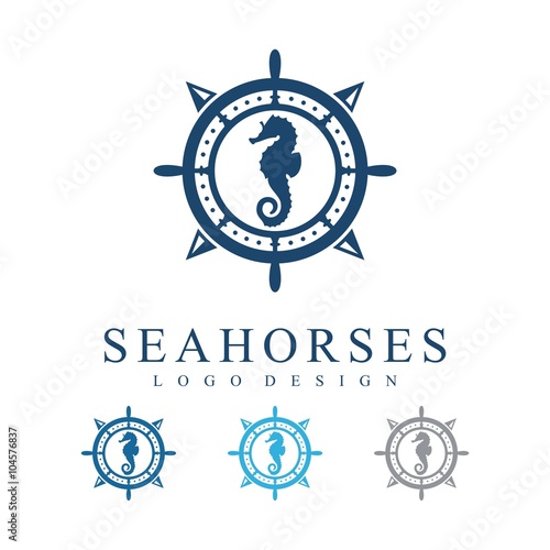 Seahorse, Ship's Wheel, Compass, Vector Logo Design Template