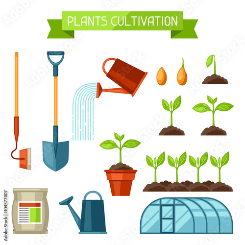 Set of agriculture objects. Instruments for cultivation, plants seedling process, stage plant growth, fertilizers and greenhouse