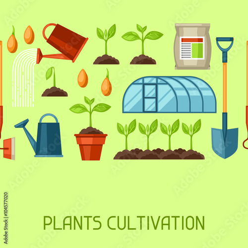 Seamless pattern with agriculture objects. Instruments for cultivation, plants seedling process, stage plant growth, fertilizers and greenhouse