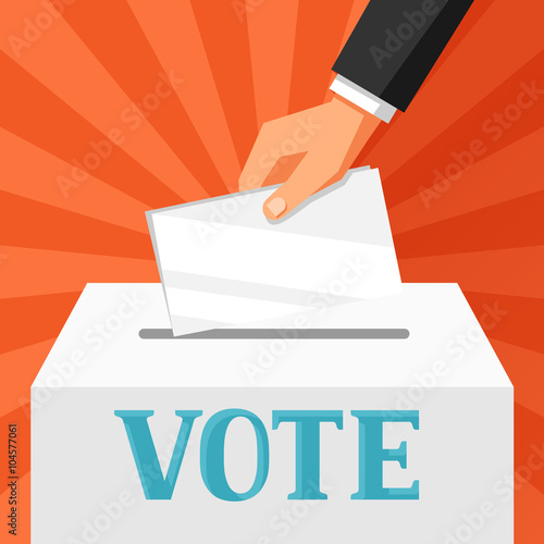 Hand putting voting paper in ballot box. Political elections illustration for banners, web sites, banners and flayers