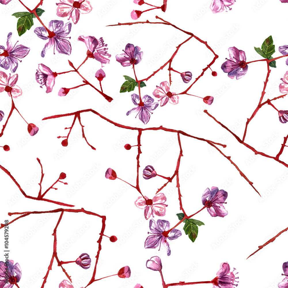 Seamless background pattern with watercolor drawings of blossomi