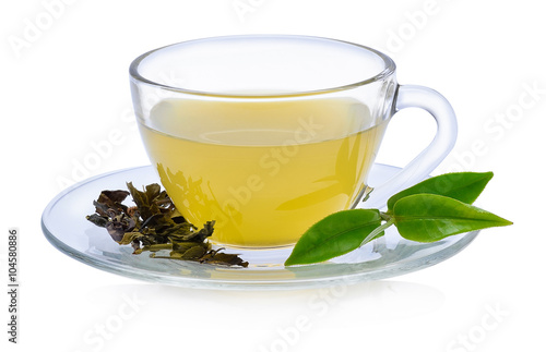 Glass Cup Tea with green leaves on white background