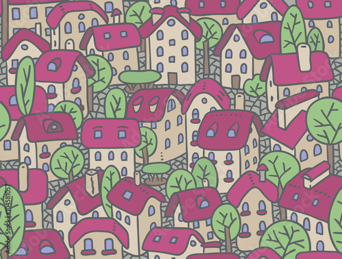 Seamless pattern with houses and courtyards