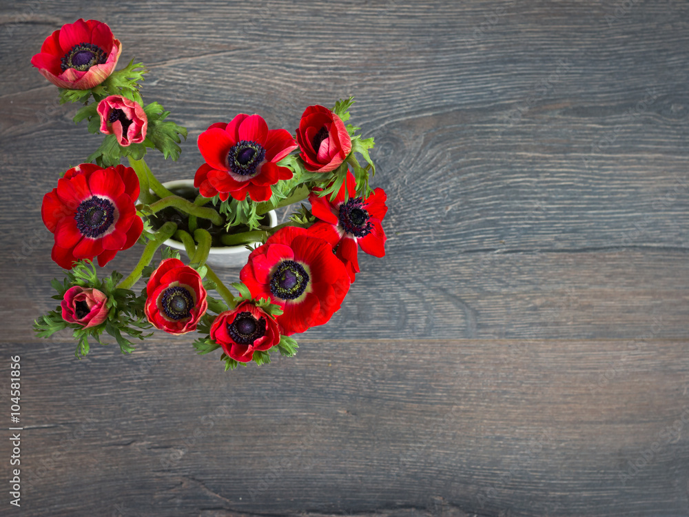 red anemones flowers on a textured wood background red anemones flowers on a textured wood background