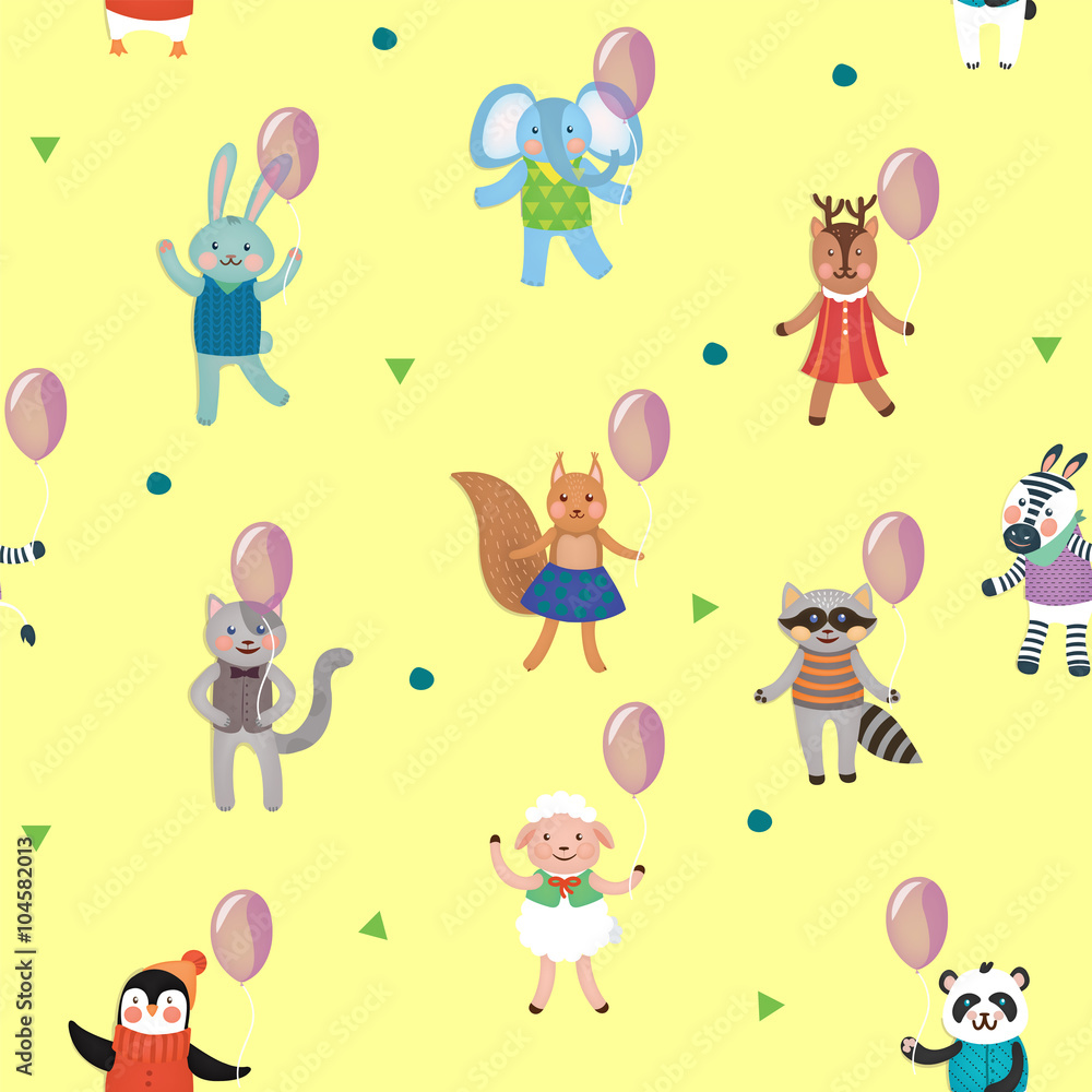 Birthday Celebration Seamless Pattern with Cute Animals Birthday Celebration Seamless Pattern with Cute Animals