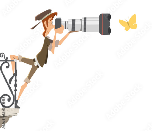 Professional man paparazzi photographer with big camera lens