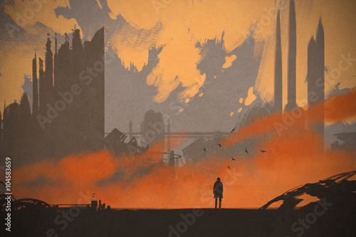 man standing at abandoned city,illustration painting