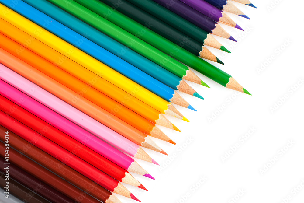 Fototapeta premium Set of crayons with pulled green pencil, isolated on white background