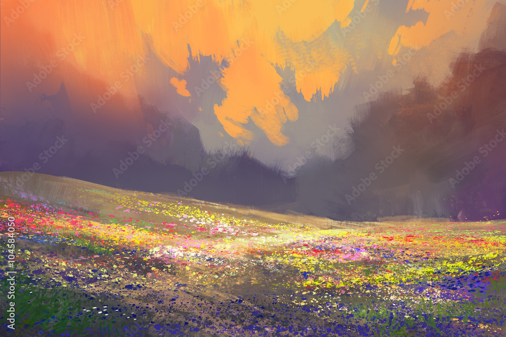 colorful flowers in field under beautiful clouds,landscape painting