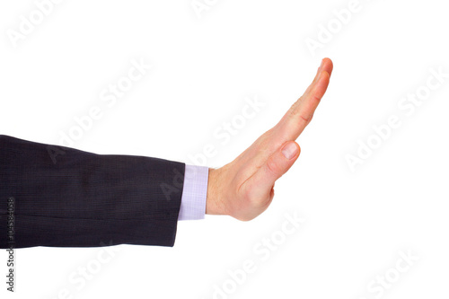 man arm makes gesture "No", isolated on white background