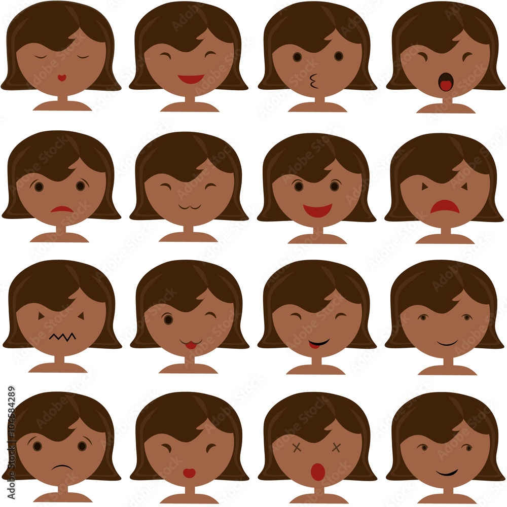 Emoticon icons set of cute girl with various emotions, emoji, facial, feeling, mood, personality, symbol African American, Asian, Indian Emoticon icons set of cute girl with various emotions, emoji, facial, feeling, mood, personality, symbol African American, Asian, Indian