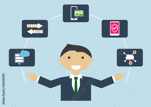 People at work: vector illustration of an IT security expert who is managing different tasks