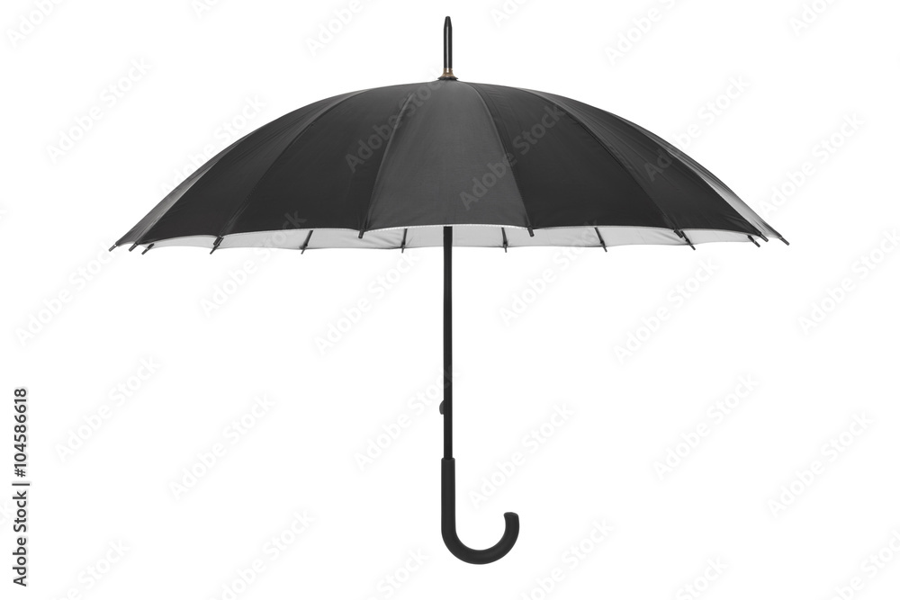 Black open umbrella isolated on white, clipping path included
