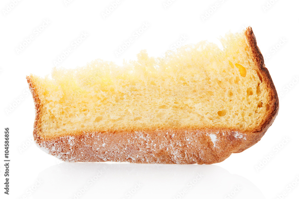 Pandoro, Christmas cake slice with icing sugar on white, clipping path Pandoro, Christmas cake slice with icing sugar on white, clipping path