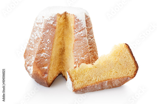 Pandoro, Christmas cake and slice with icing sugar on white, clipping path photo