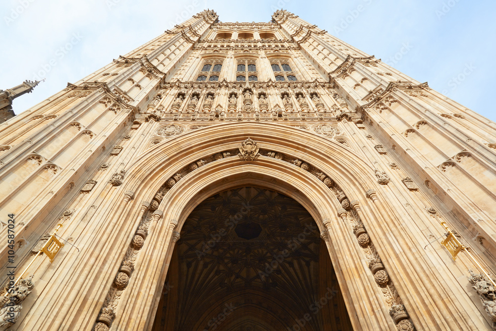 Victoria Tower, Palace of Westminster in London, low angle view