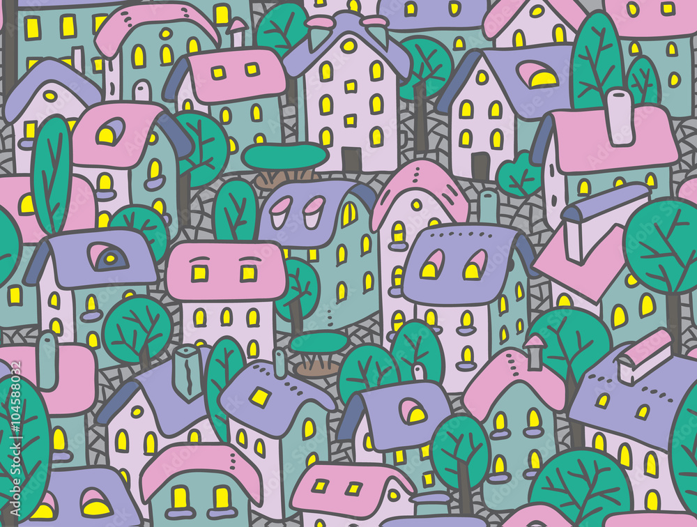 Fototapeta premium Seamless pattern with houses and courtyards