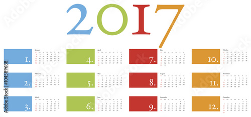 Colorful Calendar for year 2017 in a circles theme, in vector format