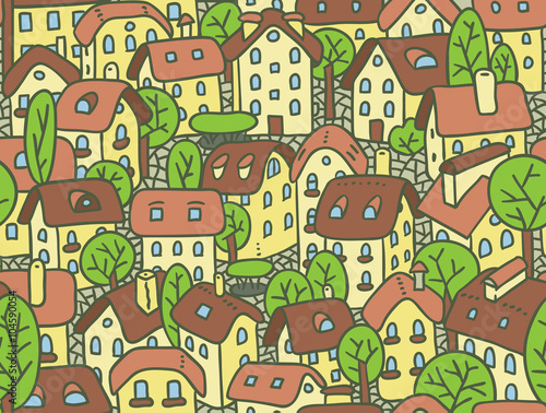 Seamless pattern with houses and courtyards