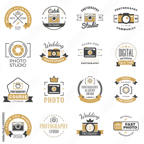Set of Photography Logo Design Templates. Photography Retro Badges and Labels. Black and Golden Colors. Wedding Photography. Photo Studio. Camera Shop. Photography Community