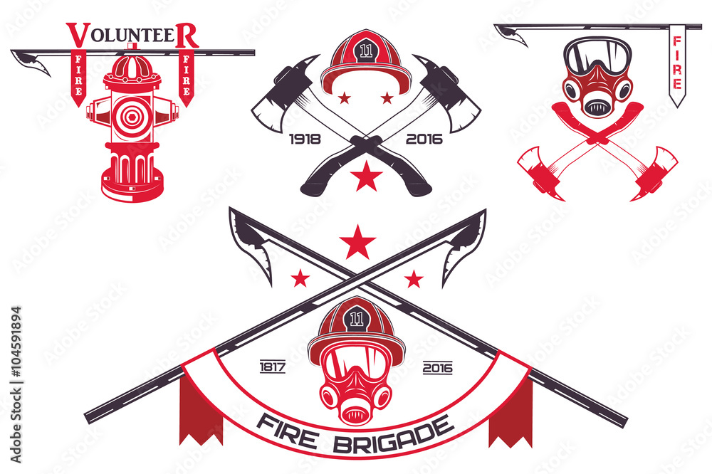 Set of firefighter emblems, labels, badges and logos on light background. Monochrome style.vector illustration - obrazy, fototapety, plakaty 