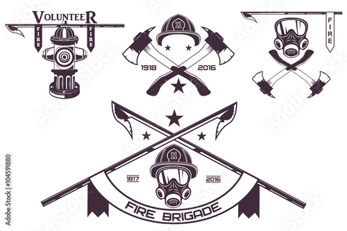 Set of firefighter emblems, labels, badges and logos on light background. Monochrome style.vector illustration