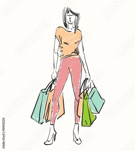 vector illustration of a woman with shopping bags