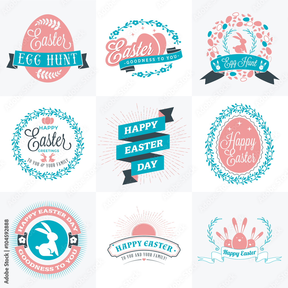 Set of Vector Happy Easter Label Elements. Vintage Holiday Badges. Vector Templates for Greeting Card. Easter Sunday, Happy Easter Day