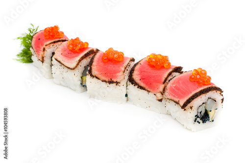 Pieces of sushi with a meat and caviar